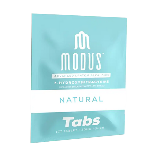 Light blue Modus Natural Tabs product package with white text.