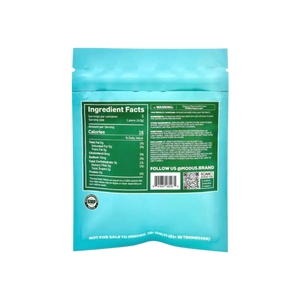 Turquoise product package showing ingredient facts and nutritional information.