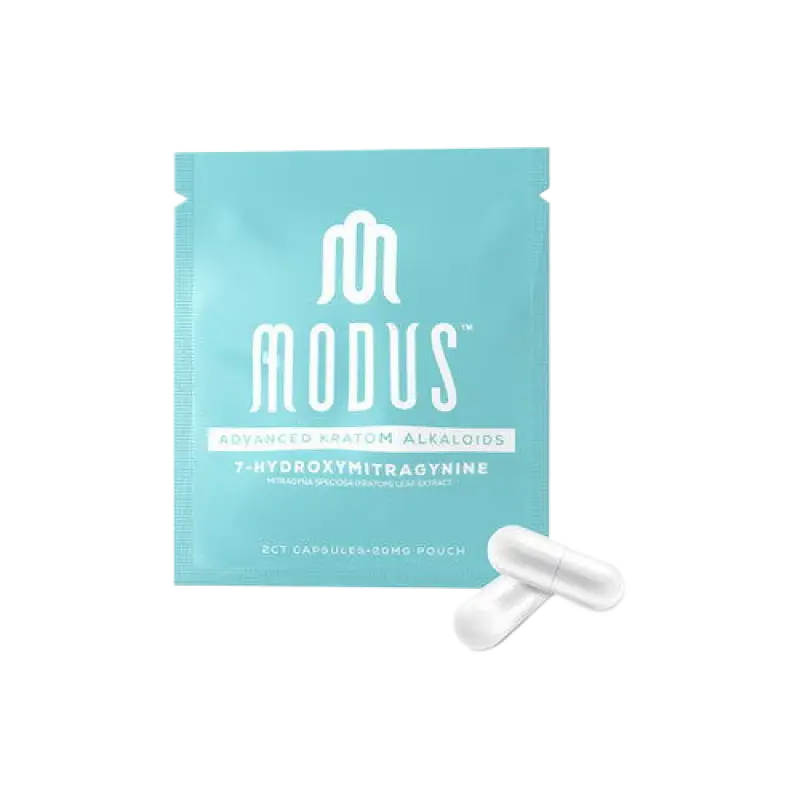 Teal-colored Modus supplement packet with two white capsules.