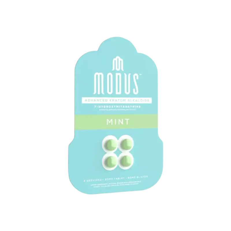 Mint-flavored Modus brand nicotine pouches in a light turquoise package.