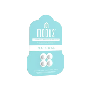 Turquoise product packaging containing white button-like objects labeled ’Modus Natural’