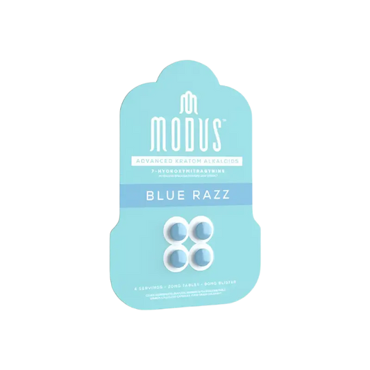 Light blue Modus Blue Razz vape pod package containing 4 pods.