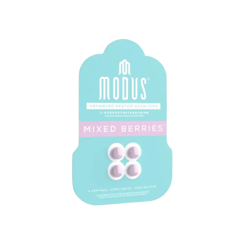 Modus brand mixed berries cannabis edibles package in turquoise and purple colors.