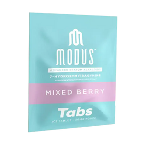 Modus Mixed Berry supplement tabs package in turquoise and pink colors.