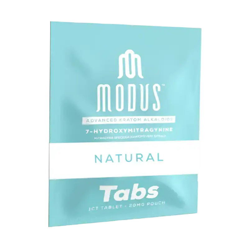 Light blue Modus Natural Tabs product package with white text.