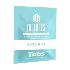 Light blue Modus Natural Tabs product package with white text.