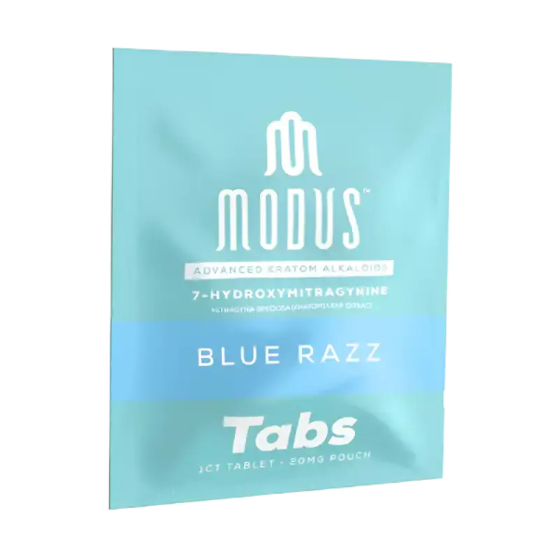 Blue and turquoise packet of Modus Blue Razz Tabs containing 7-hydroxymitragynine.