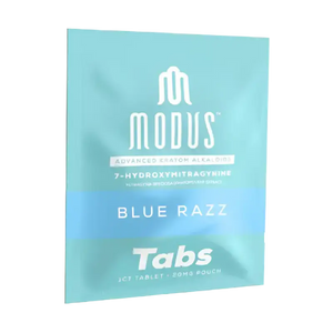 Blue and turquoise packet of Modus Blue Razz Tabs containing 7-hydroxymitragynine.