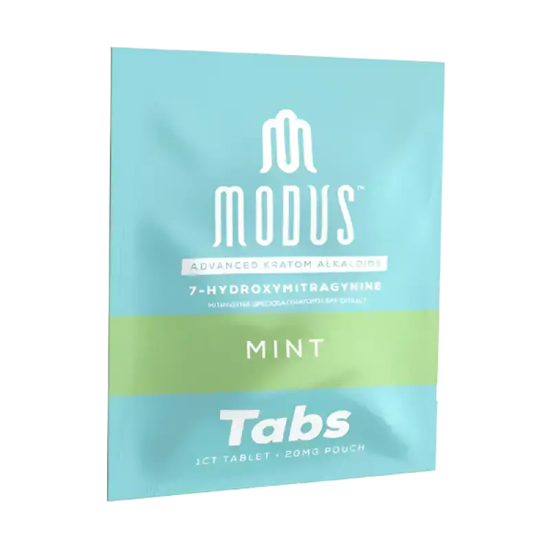 Mint-flavored Modus supplement tabs package in turquoise and green colors.