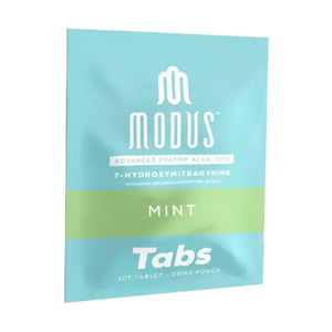 Mint-flavored Modus supplement tabs package in turquoise and green colors.