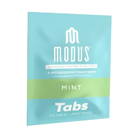 Mint-flavored Modus supplement tabs package in turquoise and green colors.