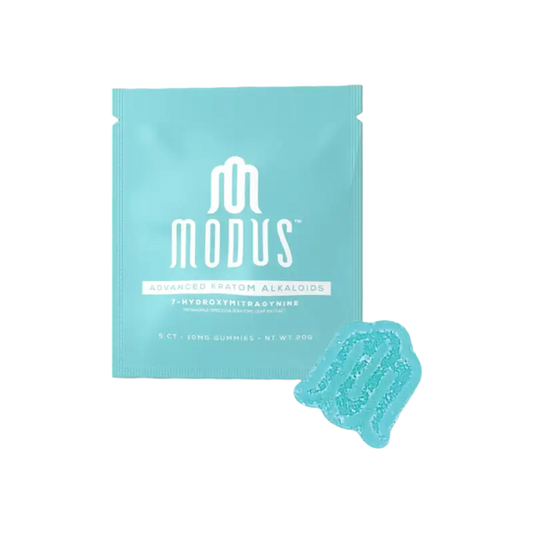 Light blue Modus brand product packet with a matching hexagonal gel patch.