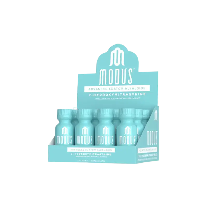 Turquoise retail display box containing bottles of Modus-branded product.