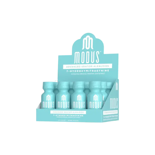 Turquoise retail display box containing bottles of Modus-branded product.