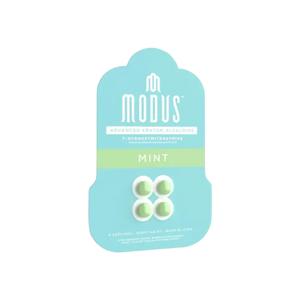 Mint-flavored Modus brand nicotine pouches in a light turquoise package.