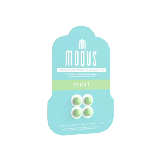 Mint-flavored Modus brand nicotine pouches in a light turquoise package.