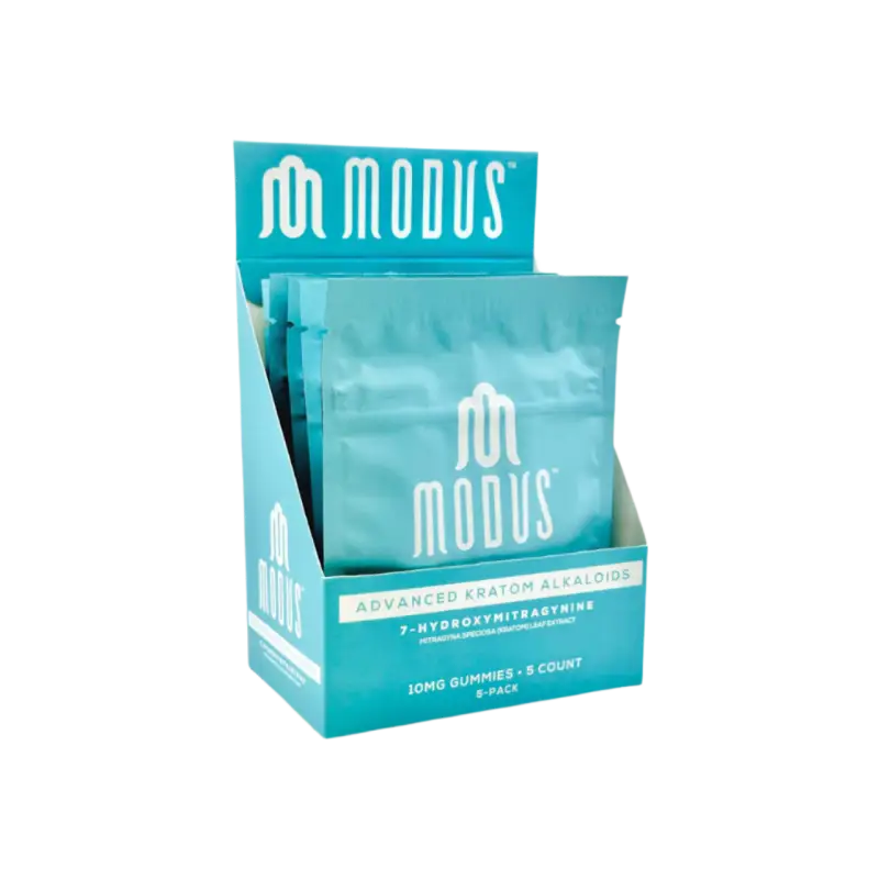 Teal-colored product display box containing Modus brand packets.