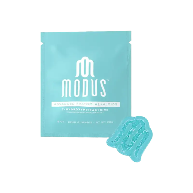 Light blue Modus brand product packet with a matching hexagonal gel patch.