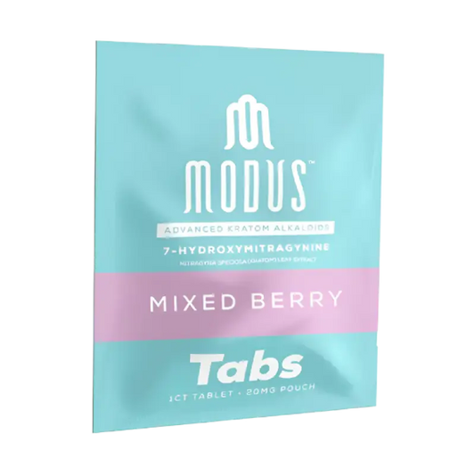 Modus Mixed Berry supplement tabs package in turquoise and pink colors.