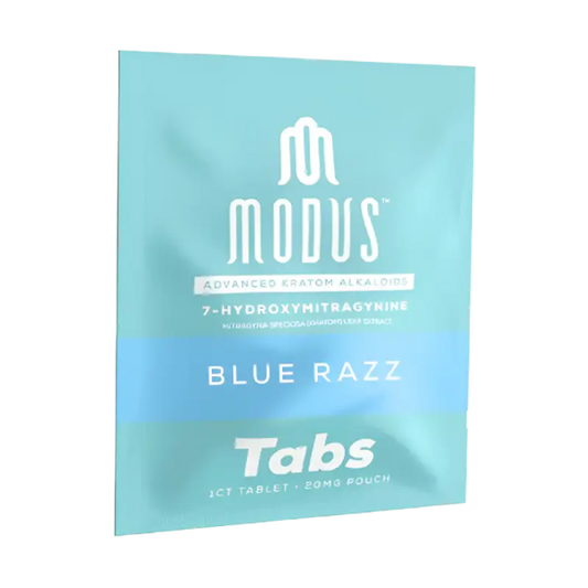 Blue and turquoise packet of Modus Blue Razz Tabs containing 7-hydroxymitragynine.