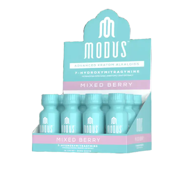 Display box containing Modus Mixed Berry drink bottles in turquoise and pink colors.