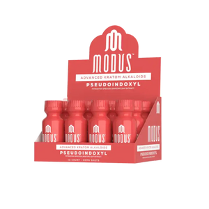 Product display box containing red bottles of Modus Pseudoindoxyl supplements.