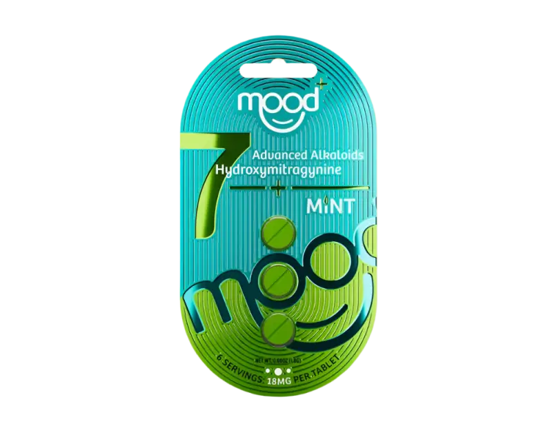 Teal and green retail package for Mood brand mint-flavored gum.