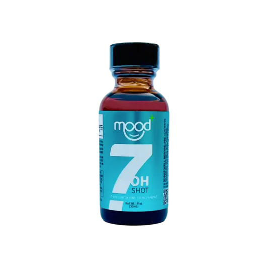 Blue-labeled glass bottle containing ’Mood 7OH Shot’ liquid supplement.