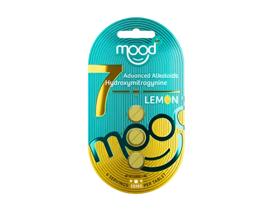 Teal and yellow mood-branded lemon-flavored hydrogum packaging with a smiley face design.