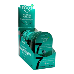 Display box containing Mood Advanced Alkaloids 7 Hydroxymitragynine packets in turquoise/teal coloring.