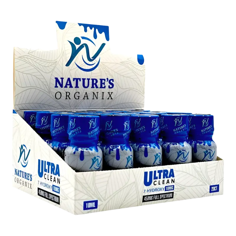 Display box of ’Nature’s Organix Ultra Clean’ bottles.