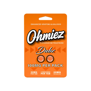 Orange package of ’Ohmiez Dubz’ kratom alkaloids.