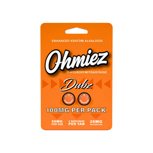 Orange package of ’Ohmiez Dubz’ kratom alkaloids.