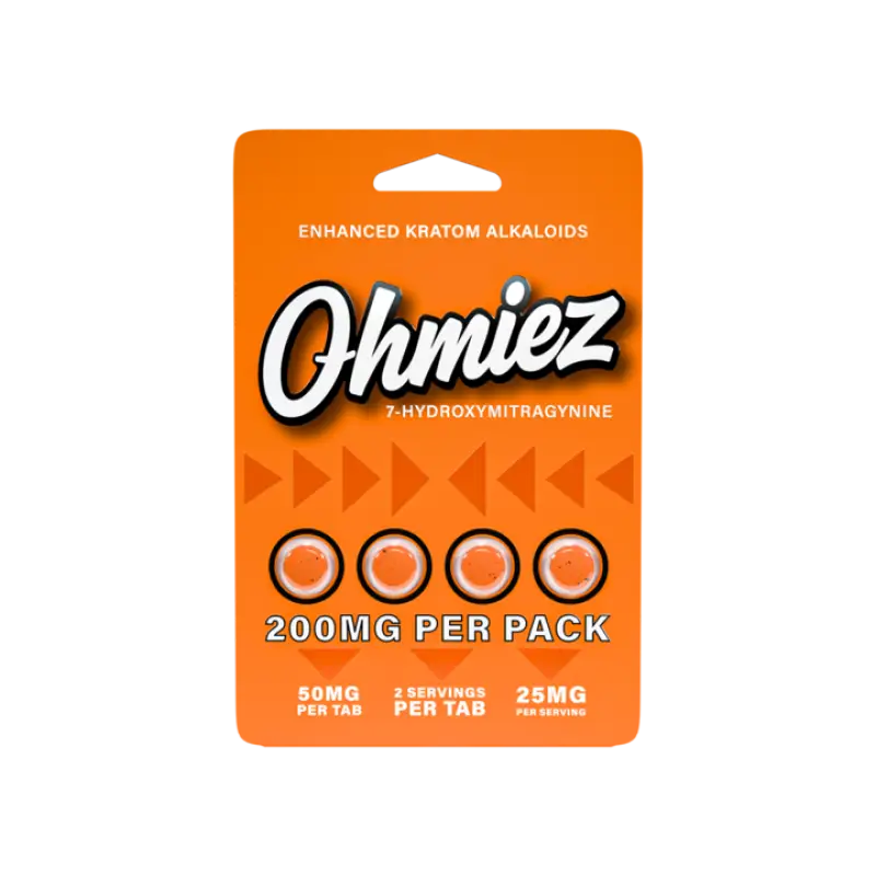 Orange package of Ohmiez enhanced kratom alkaloids.