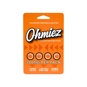 Orange package of Ohmiez enhanced kratom alkaloids.