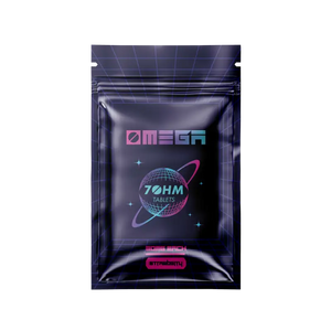 Black resealable pouch with neon pink and blue ’Omega 70hm’ branding and planet design.