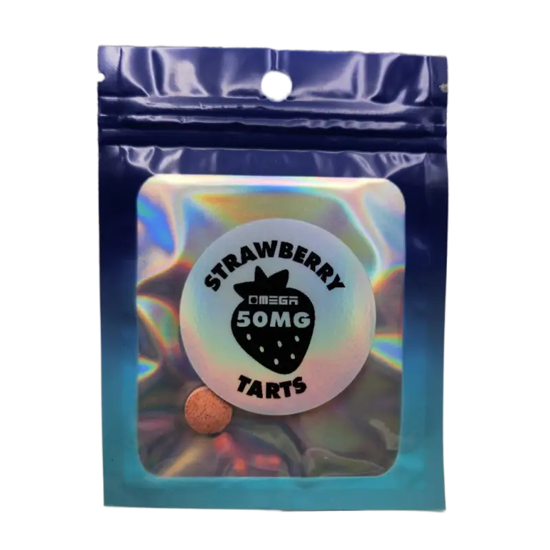 Holographic packaging bag for ’Strawberry Tarts’ with a 50mg label and berry icon.