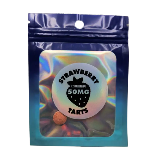 Holographic packaging bag for ’Strawberry Tarts’ with a 50mg label and berry icon.