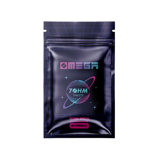 Black resealable pouch with neon pink and blue ’Omega 70hm’ branding and a planet-like design.