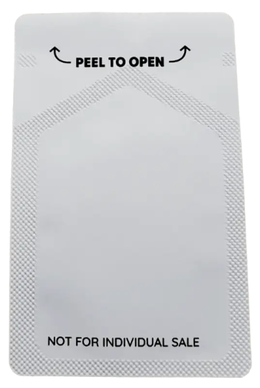 Sealed white foil packet with ’PEEL TO OPEN’ text and ’NOT FOR INDIVIDUAL SALE’ printed on it.