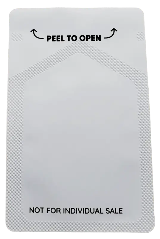 Sealed white foil packet with ’PEEL TO OPEN’ text and ’NOT FOR INDIVIDUAL SALE’ warning.