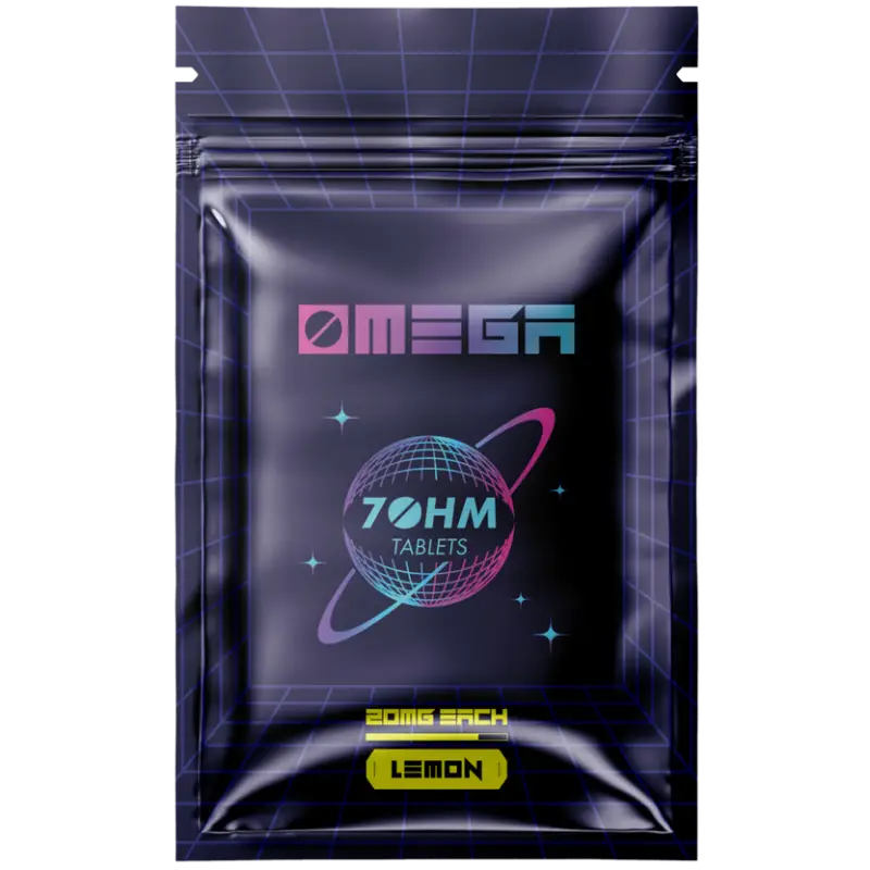 Pouch of Omega 70HM lemon tablets.