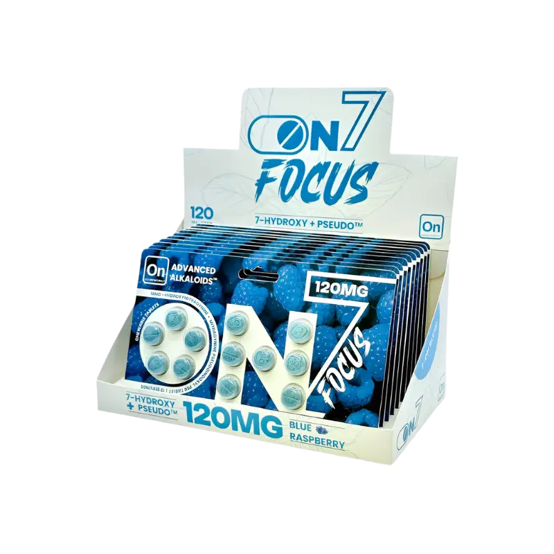 Display of ’ON 7 FOCUS’ blue raspberry flavored supplements.