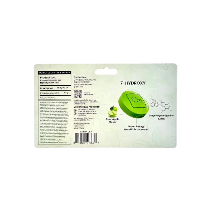 Green 7-Hydroxy supplement packaging.