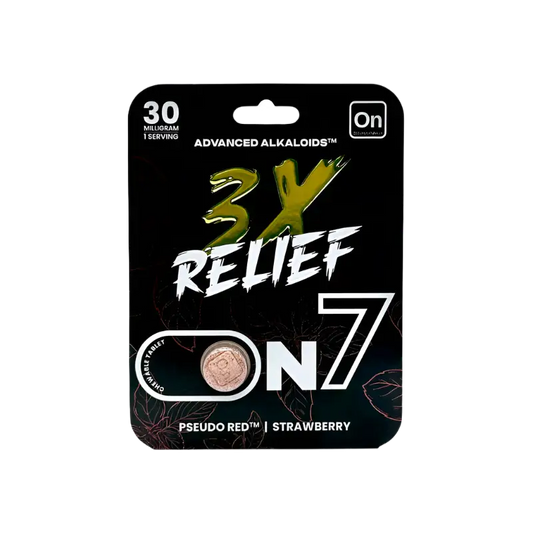 3X Relief On7 strawberry flavored chewable tablet.