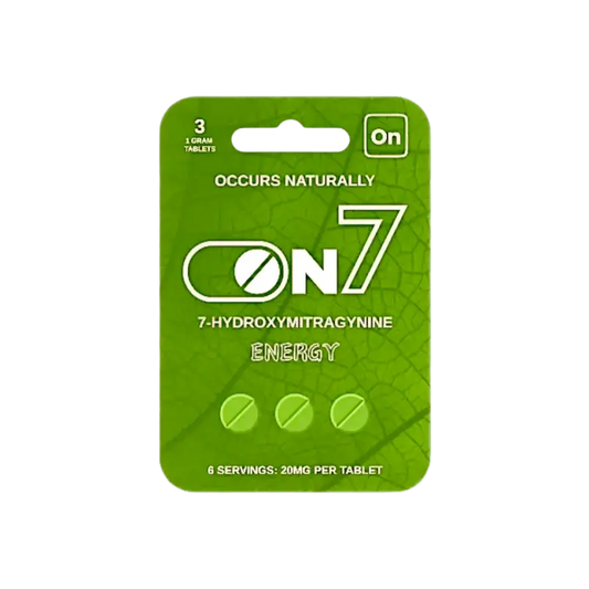 Green product package for ON7 energy tablets containing 3 servings.