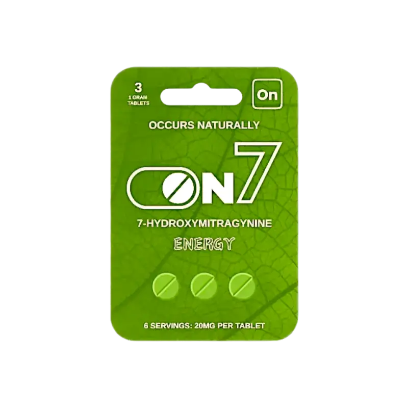 Green product package for ON7 energy tablets containing 3 servings.