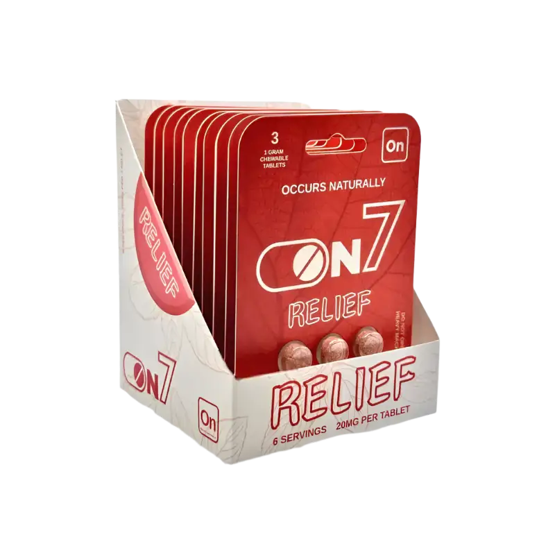 Product display box containing On7 Relief supplement packets in red and white colors.