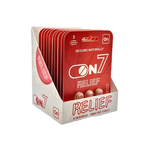 Product display box containing On7 Relief supplement packets in red and white colors.