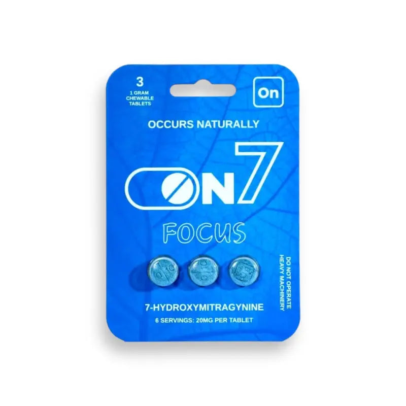 Blue product packaging for ’ON7 Focus’ containing 3 tablets.